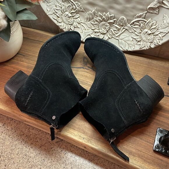 UGG Bandara Black Suede Stacked Heel Zip Ankle Mini Boots Booties Size EU 37.5 - Picture 7 of 10